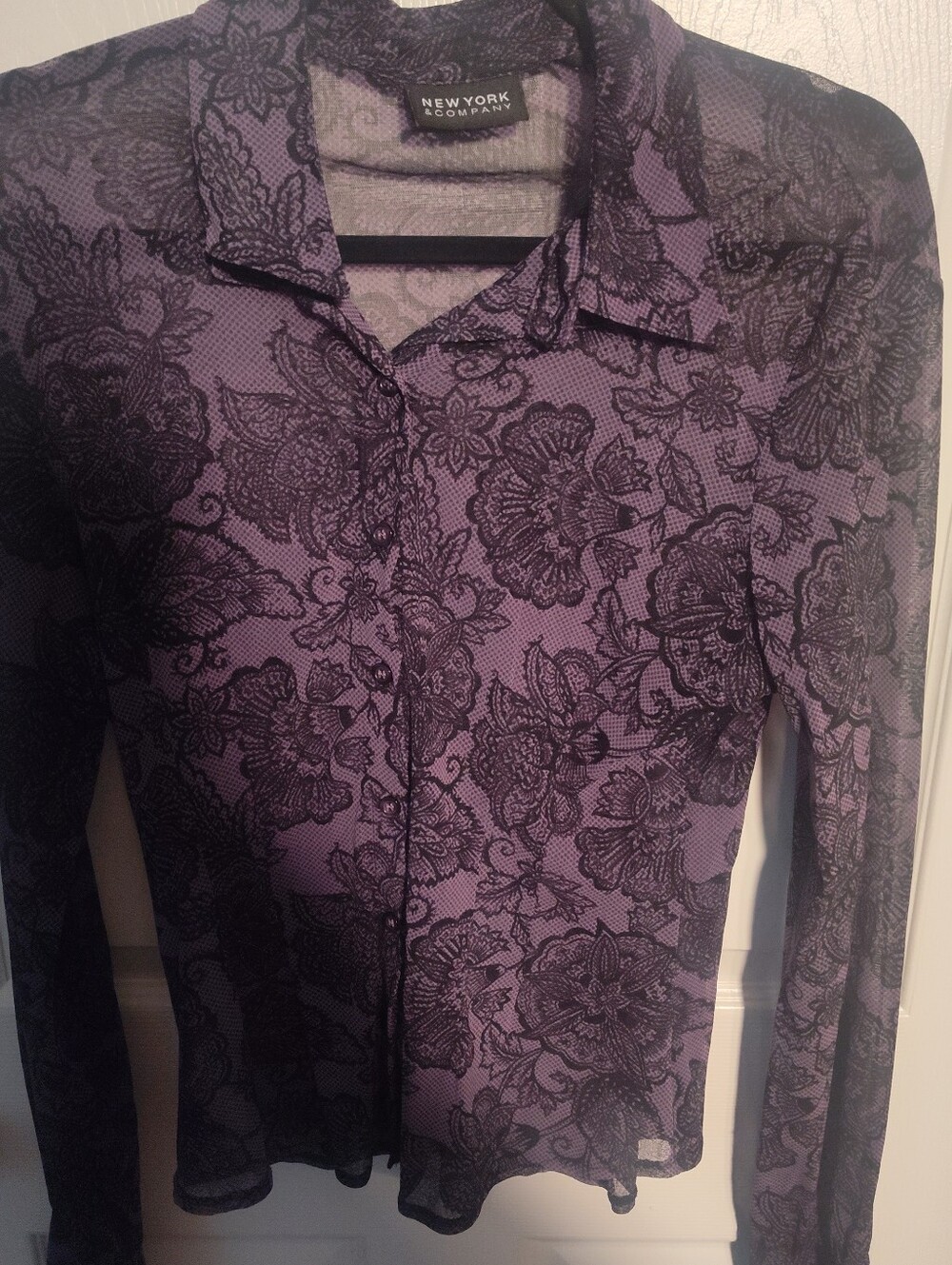 New York & Company Purple Lace-Print Button-Down Blouse
